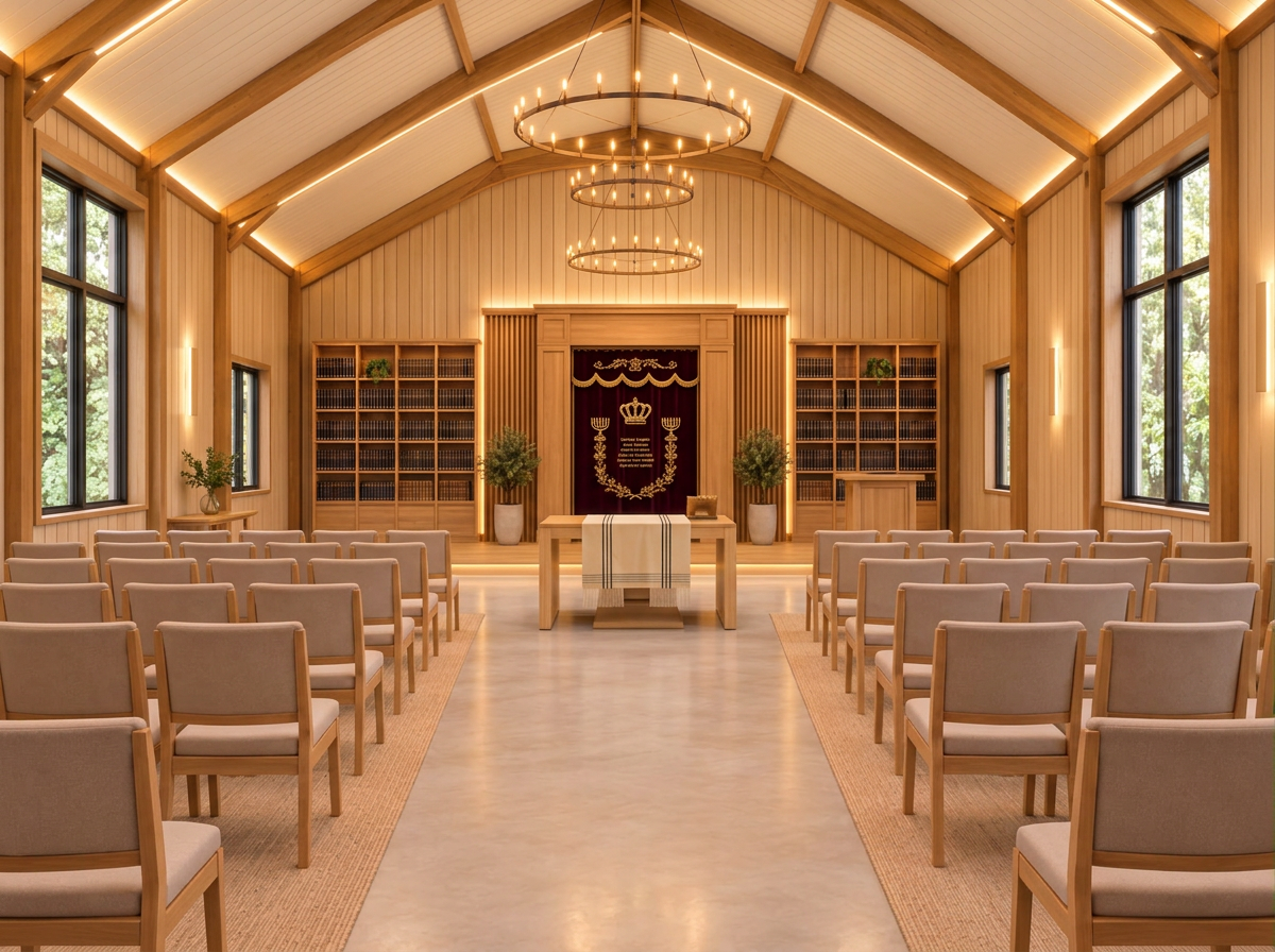 Inside the future Shul: a warm timber sanctuary with seating and Aron Kodesh